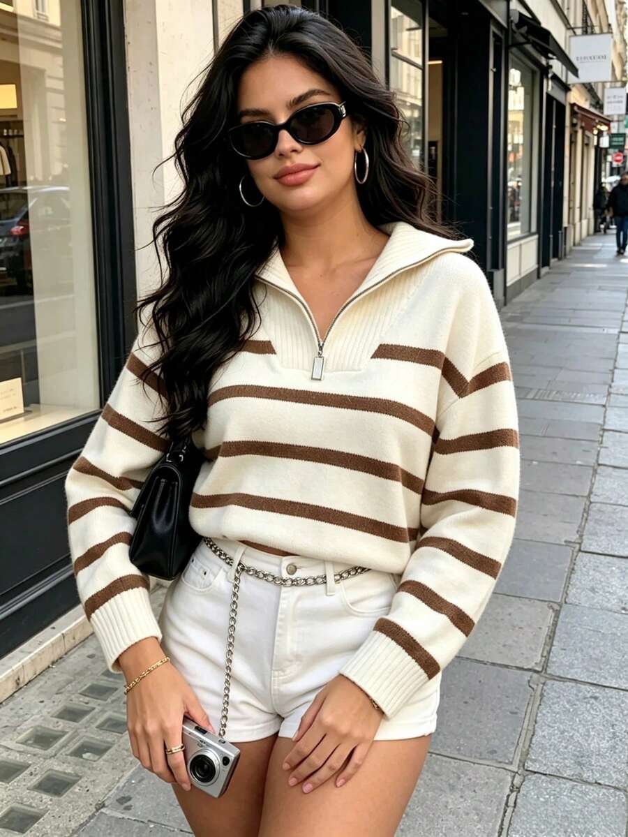Plus Size Women's Autumn/Winter New Zipper Striped Knit Sweater, Fashion High-End Minimalist Pullover, Versatile Brown Fall - Brown - View 1