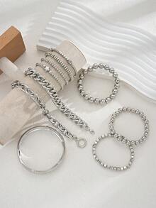 10pcs Fashion Exaggerated Minimalist Old Money Style Layered Vintage Design Star Beaded Chunky Chain Round Bead Bracelet Set For Women, Suitable For Dating, Vacation, Daily Wear, Party, Holiday Gift - Silver - View 5