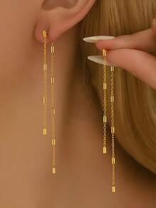 1 Pair Women's Earrings, Long Tassel Pendant Earrings, Chain Square Strip, Minimalist Luxury Style, Suitable For Women's Daily Commute - Gold - View 1