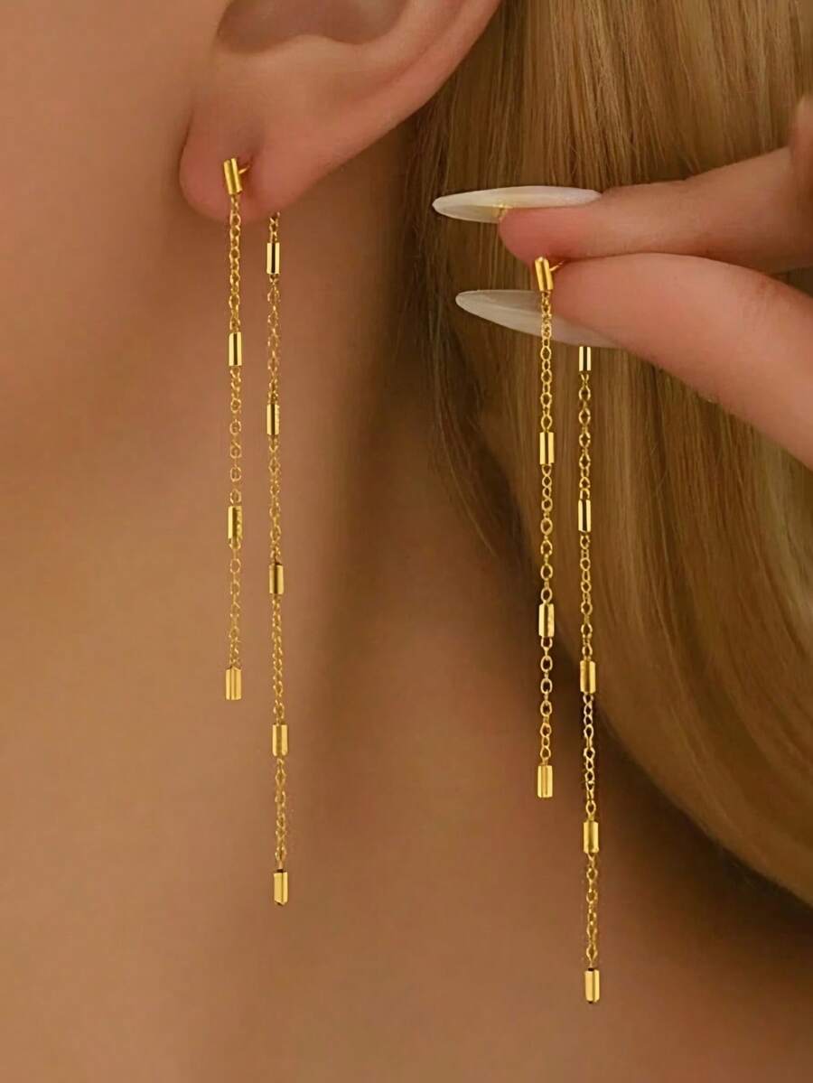 1 Pair Women's Earrings, Long Tassel Pendant Earrings, Chain Square Strip, Minimalist Luxury Style, Suitable For Women's Daily Commute - Gold - View 1