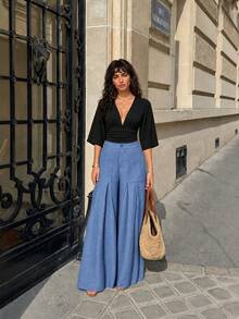 Women's Solid Color Woven Fabric Knot Asymmetric Long Pants, Suitable For Evening Party And Date, Wearable In Spring, Autumn, Winter And All Seasons - Light Blue - View 1