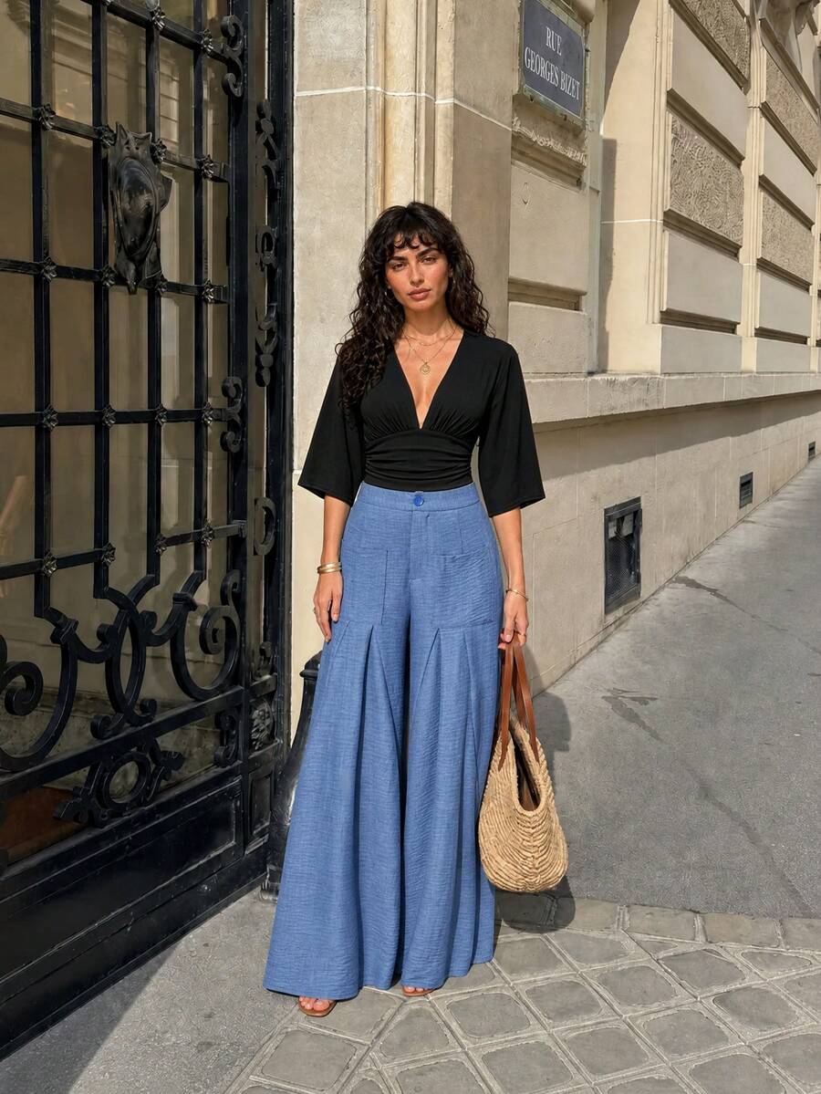 Women's Solid Color Woven Fabric Knot Asymmetric Long Pants, Suitable For Evening Party And Date, Wearable In Spring, Autumn, Winter And All Seasons - Light Blue - View 1