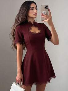 Women's Summer Elegant Burgundy Lace Patchwork A-Line Short Dress For Date, Daily Wear And Party - Burgundy - View 1