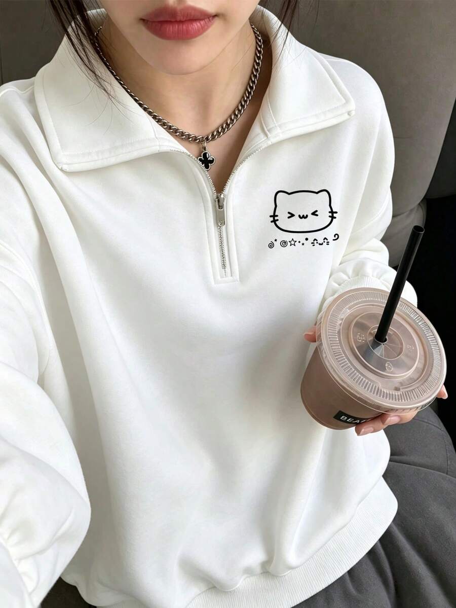 1件女款長袖 Polo 領衛衣,貓咪印花圖案,秋冬休閒寬鬆半拉鍊套頭衫 - 白色 - 查看 1