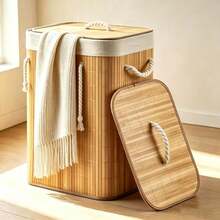 Cesto de Roupa Suja Bambu 72L Dobrável – Organizador com Revestimento Interno alta capacidade - Multicolorido - Visão 2