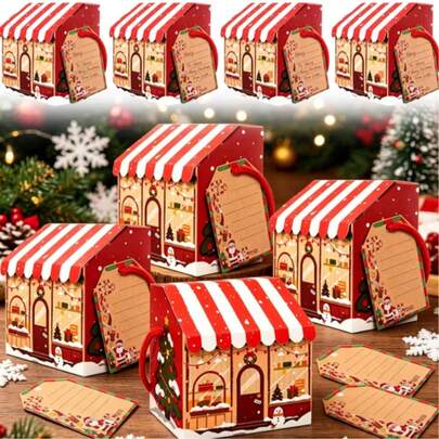 12/24 Pcs Christmas Red House Shaped Gift Boxes With 12/24pcs Gift Tags Christmas Party Favor Box With Handle Gingerbread House Paperboard Gift Container For Christmas Wedding Birthday Party Gift Wrapping