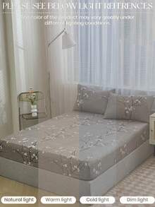 3-Piece Gray Plum Blossom Branch Pattern Bedding Set (Pillow Inserts Not Included), Bedroom Bedding Set, Brushed Microfiber Material, Breathable And Comfortable, 1 Fitted Sheet + 2 Pillowcases (Pillow Inserts Not Included), Back To School Dorm Bedding Set - Dark Grey - View 7
