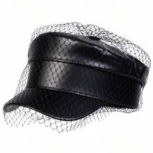 1pc Women's Metal Buckle Leather Cap - Black - View 5