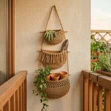 3-Tier Bohemian Style Wall-Mounted Hand-Woven Natural Rope Storage Basket, Rustic Hanging Fruit Vegetable Organizer, Space Saving Multi-Functional Macrame Decor For Kitchen Pantry Bathroom Entryway - Multicolor - View 9