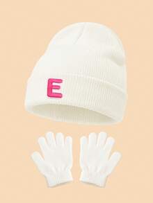 Set 2 Buah Topi Rajut Lipat Bergaris Putih dan Sarung Tangan Tanpa Jari, Bordir Huruf Personalisasi 26 Pilihan, Kain Elastis Ramah Kulit Dapat Dicuci, Cocok untuk Paduan Pakaian Musim Gugur/Musim Dingin Anak Perempuan - Putih - View 13
