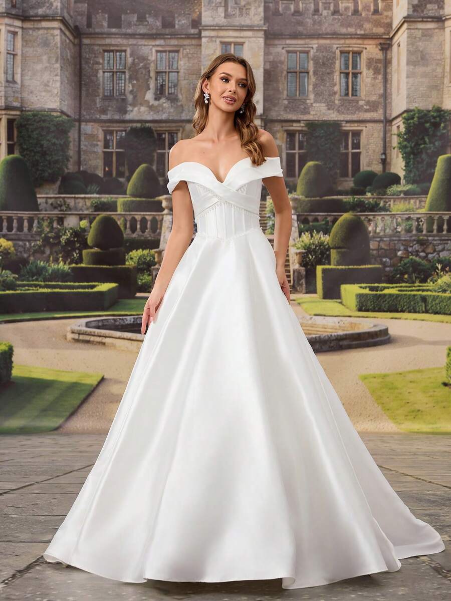 Elegant White Silk Wedding Dress, Off-Shoulder Sweetheart Neckline, Pearl Embellishments, Long Backless Design, Perfect For Creating A Romantic Bridal Look - White - View 1
