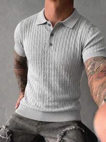 Men's Casual Classic Cable Knit Regular Shoulder Polo Collar Short Sleeve Top, Suitable For Summer - Light Grey - View 7