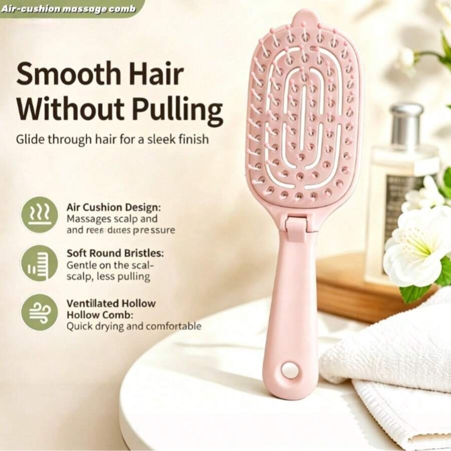 1pc Foldable Air Cushion Massage Hairbrush, Breathable Hollow Massage Comb With Soft Round Bristles, Anti-Tangle Detangling Brush, Scalp Massage And Quick Drying Function, Home Hair Styling Tool - Comb - View 1