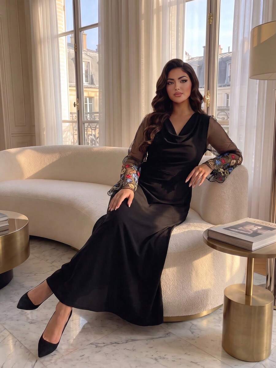 Plus Size Women's Solid Color Woven Fabric Mesh Patchwork Elegant Cowl Neck Sleeve Slit Waist Cinched Dress For Evening Date Birthday Party Autumn - Black - View 1
