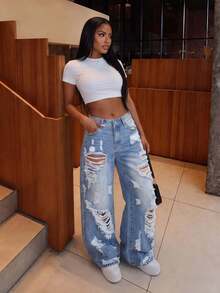 Low-Waist Wide-Leg Casual Blue Distressed Slant Pocket Curved Hem Women Jeans, Summer Vacation Spring Fall - Blue - View 7