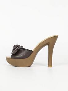 Women Brown Bow Decor Platform Stiletto Heel Mule Sandals, Open Toe Backless Slip‑On Heeled Slides For Summer Daily Dating Night Club Evening Party - Coffee Brown - View 2