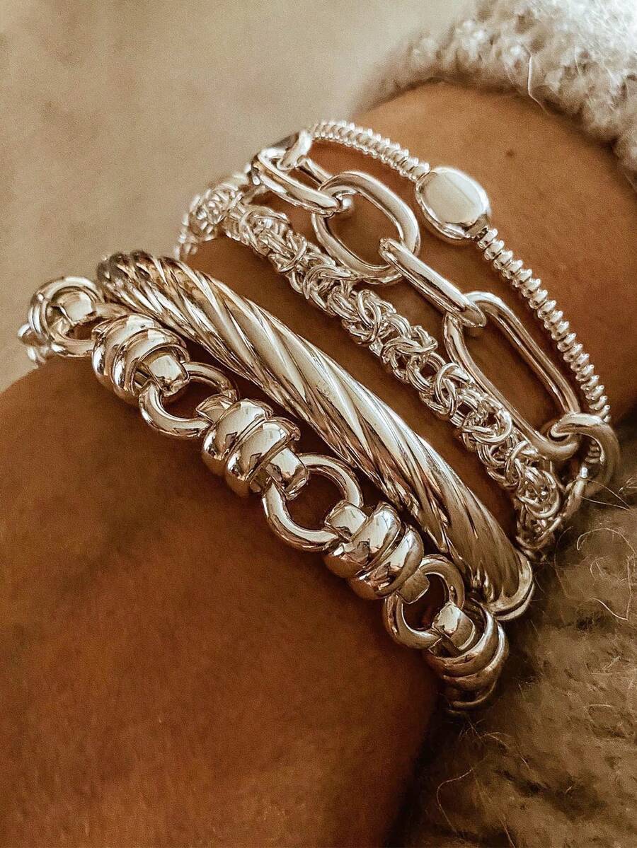 5pcs Fashion Exaggerated Minimalist Old Money Style Layered Vintage Design Thick Chain & Beaded Bracelet Set For Women, Suitable For Dating, Vacation, Daily Wear, Party, Holiday Gift
