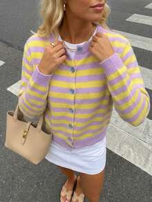 Light Purple & Yellow Striped Knit Cardigan, Round Neck Wavy Hem Single-Breasted Long Sleeve Sweater Jacket - Pale Purple-yellow - View 2