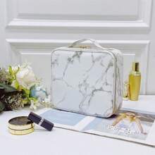 Marble Pattern PU Makeup Storage Bag, Waterproof Travel Makeup Bag, Professional Portable Makeup Box, Embroidery Tool Storage Organizer, 1pc, Makeup Bag, Cosmetic Bag, Skincare Bag, Toiletry Bag, Storage Bag - White - View 2
