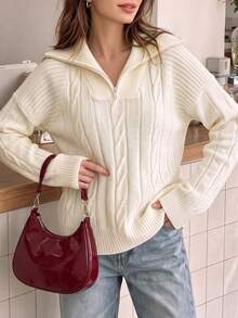Women Fall Cream Half‑Zip Collar Cable Knit Sweater, Drop‑Shoulder Loose Long Sleeve Cropped Pullover For Daily Commute Casual Street Outfits - Apricot - View 8