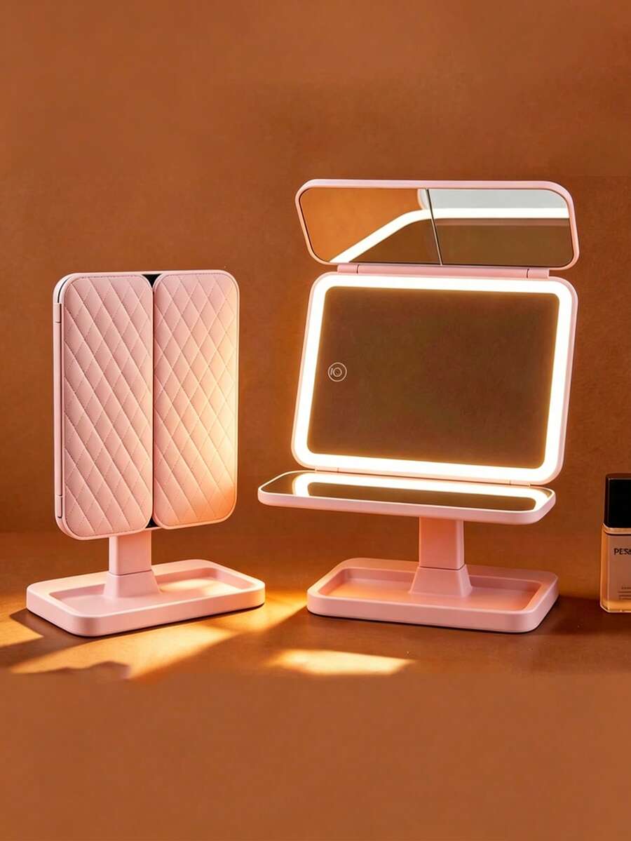 1pc LED Illuminated Makeup Mirror, 2x/3x Magnifying Tri-Fold Vanity Mirror, Rechargeable Touch Control Cosmetic Mirror With Base, Portable Bedroom Travel Makeup Mirror, Light, Makeup Highlight, Mirror, Mirror Light, Vanity Light, Facial Lighting, Mirror Lighting, Suitable For Daily Makeup On Vanity, 800mAh - 3-in-1 Makeup Mirror Light - View 1
