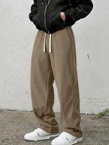 Men's Vertical Striped Corduroy Wide Leg Casual Pants, Elastic Drawstring Straight Leg Long Pants, Autumn Loose Drapey Floor-Length Trousers - Coffee Brown - View 6
