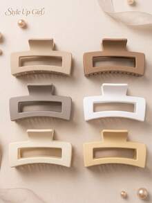 6pcs Women's Rectangular Hair Clips, Neutral Beige, Brown, White, Taupe Matte Hollow Geometric Design Hair Clips, Minimalist Style Daily Hair Accessories, Suitable For Half-Up, Casual Office And Everyday Hairstyles - Multicolor - View 6
