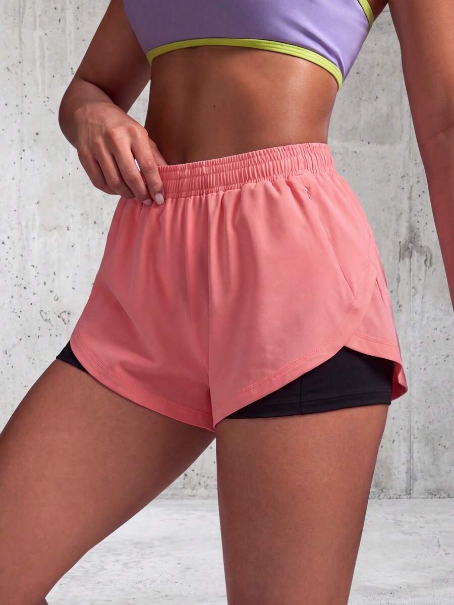 1pc Women's Shorts Solid Color Lining 2 In 1 Sports Pants, Elastic Two Pieces, Suitable For Running, Sports, Yoga, Fitness In Summer - Hot Pink - View 1