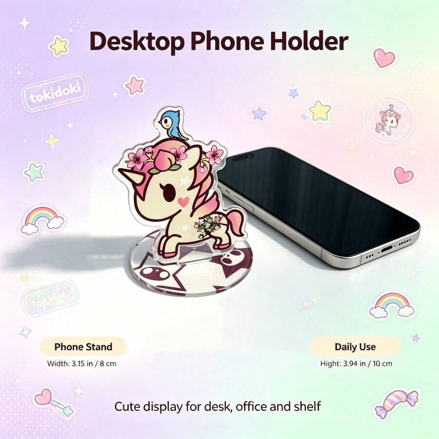 1pc Mesuca & Tokidoki Collaboration Acrylic Phone Stand, Cartoon Unicorn Character Model Stand, Transparent Base Desktop Display Rack, Cute Anime Desktop Decoration, Suitable As A Gift For Girls To Collect - TJ61216-tK3 - View 1