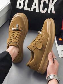 Men's Suede Sneakers, Lace-Up Non-Slip Flat Sole, Street Fashion Versatile Outdoor Training Shoes - Khaki - View 4