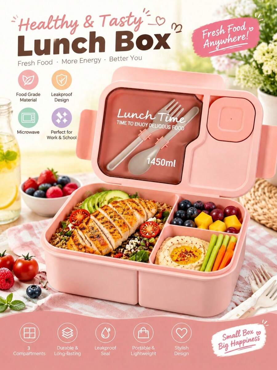 1個附餐具防漏便當盒，含醬料格，3格分隔便當盒，可微波，適合午餐備餐、上班、戶外野餐、學校、返校辦公室必備，廚房配件（粉紅色）