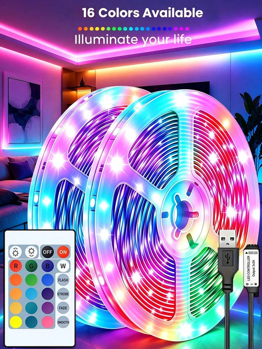 5V Indoor LED Light Strip, 3.28ft To 98.4ft Length, Color Changing RGB LED Lights With 24-Key Remote Control, Suitable For TV/Computer Backlight, Desk, Living Room, Bedroom, Holiday Party/Bar/Atmosphere Lighting