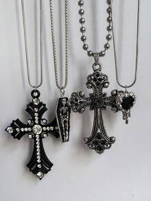 4pcs Vintage Gothic Alloy Rhinestone Cross Coffin Skull Melting Heart Necklace, Suitable For Women Street Party Wear - Multicolor - View 3