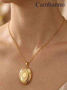 1pc Minimalist Openable Stainless Steel Patterned Photo Frame Pendant Necklace, Suitable As A Commemorative Gift For Loved Ones - Gold - View 2