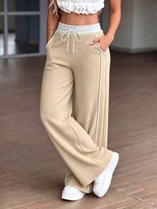Women's High Waist Drawstring Striped Wide Leg Pants, Solid Khaki Loose Casual Long Pants, Comfortable And Soft, Suitable For Fitness And Daily Street Wear - Khaki - View 3