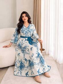 Plus Size Geometric Print Woven Fabric Ruffle V-Neck Bell Sleeve Long Umbrella Hem Dress For Women, Casual Autumn - Multicolor - View 4