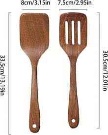 2-Piece Flat Wooden Spatula Set, Practical Wooden Turners For Cooking And Kitchen Use - Brown - View 3