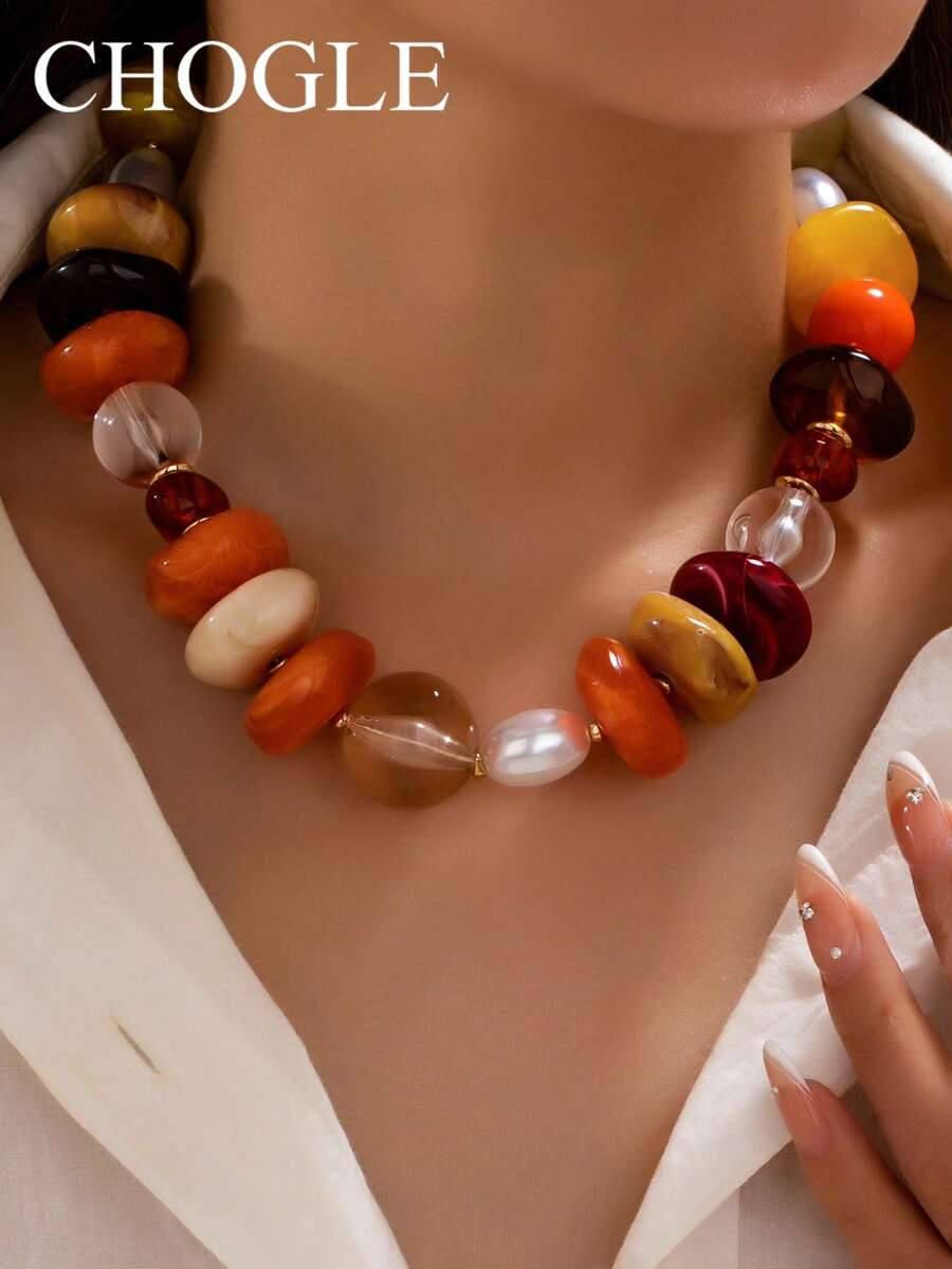 CHOGLE 1 Buah Kalung Pernyataan Manik-Manik Tebal Berwarna-warni, Kalung Kerah Manik-Manik Besar Cakram Pipih Aneka Warna Gaya Retro Berani Buatan Tangan Perhiasan Leher untuk Wanita Pesta dan Sehari-hari - Kalung manik-manik aneka warna - View 1