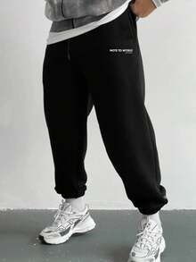 Men's Music Note Print Winter 3-Layer Fleece Lined Loose Fit Elastic Cuff Pure Cotton Black Jogger Sweatpants - Black - View 1