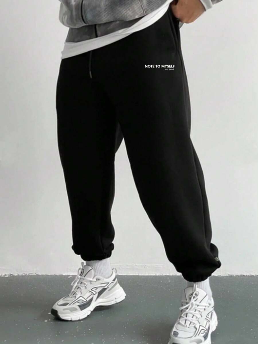 Men's Music Note Print Winter 3-Layer Fleece Lined Loose Fit Elastic Cuff Pure Cotton Black Jogger Sweatpants - Black - View 1