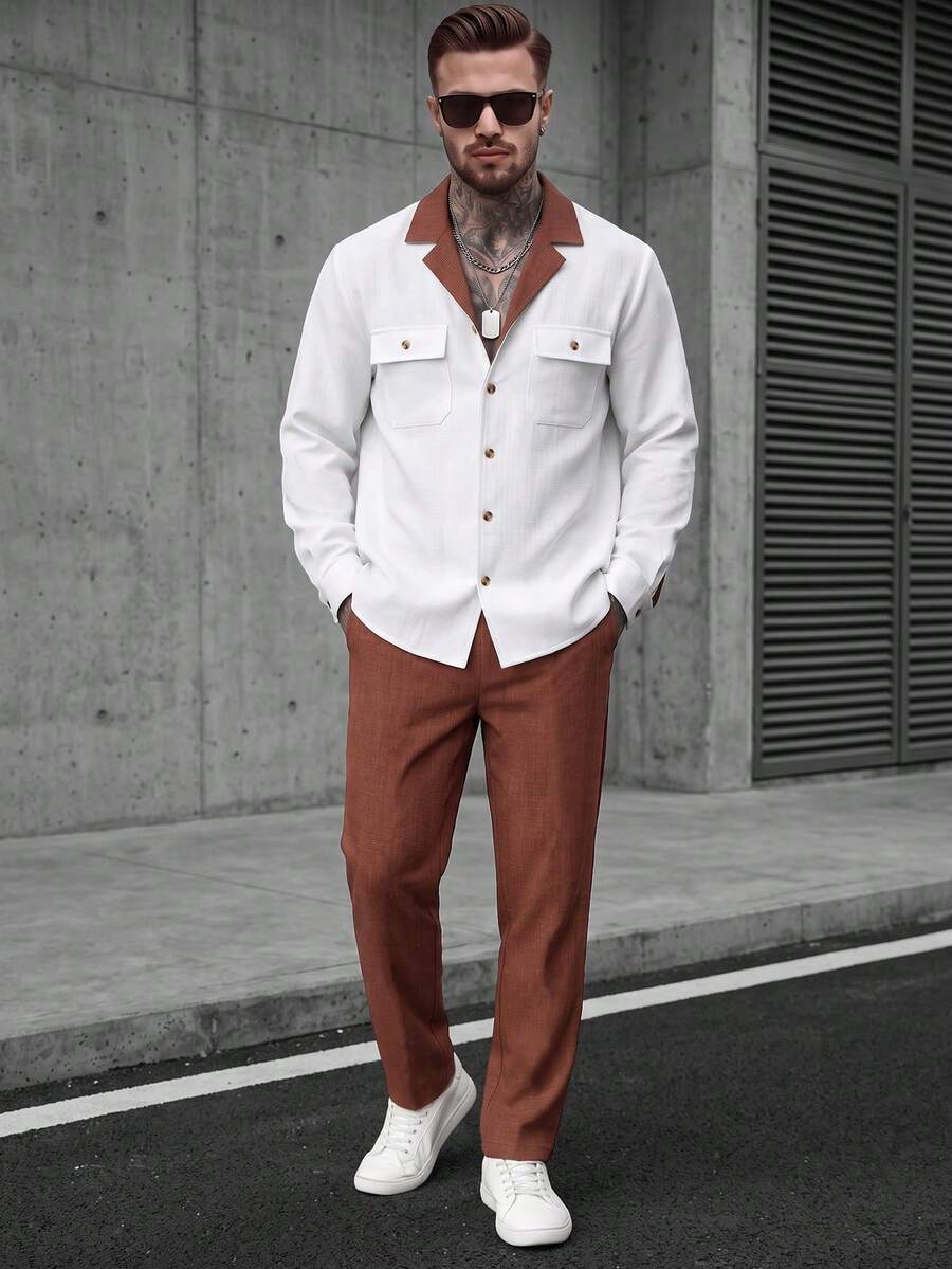 Men's Light Business Casual 2-Piece Set, Spring/Autumn Thin Woven Casual Outfit, Colorblock Trim Single-Breasted Blazer Collar Long Sleeve Shirt With Double Pockets And Drawstring Solid Color Long Pants, Regular Fit Textured Set For Daily Commute