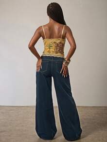 Eshe Glo Women's Dark Blue Vintage Washed Asymmetrical Waist Low-Rise Wide Leg Jeans, Street Wear Y2k Autumn Loose Asymmetric Work Trousers Fall - Dark Wash - View 4