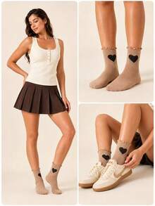 6 Pairs/12 Pairs Random Women's Heart Embroidery Ruffle Trim Crew Socks, Cute Knitted Soft Breathable Casual Everyday Socks - Multicolor - View 5