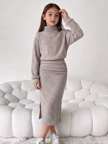 Tween Girl Solid Color High Neck Dropped Shoulder Long Sleeve Ruched Casual Dress - Apricot - View 1