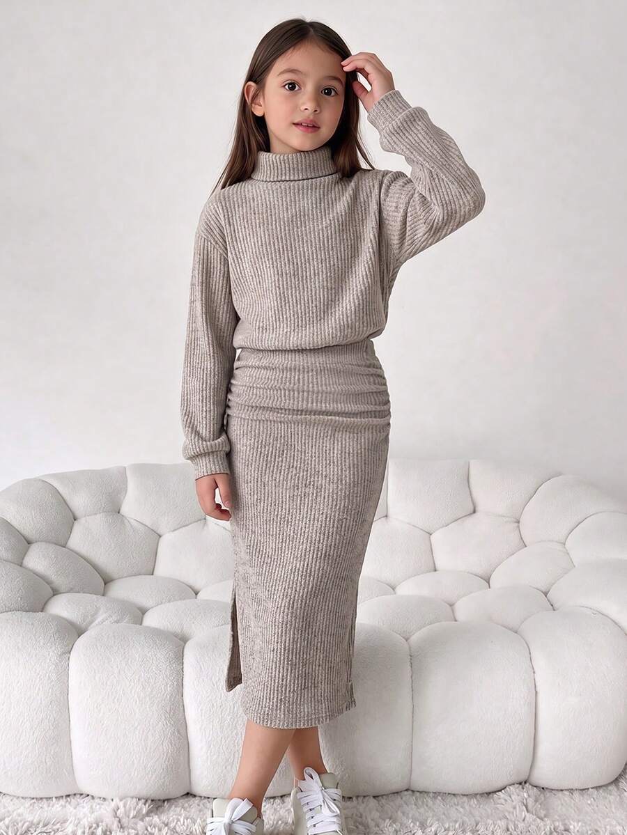 Tween Girl Solid Color High Neck Dropped Shoulder Long Sleeve Ruched Casual Dress - Apricot - View 1