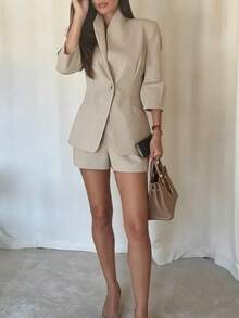 Women's Autumn Elegant Solid Beige Two Pieces Set For Women Longline Button Stand Collar Blazer And High Waist Shorts Chic Fall Formal Office Outfits - Beige - View 4