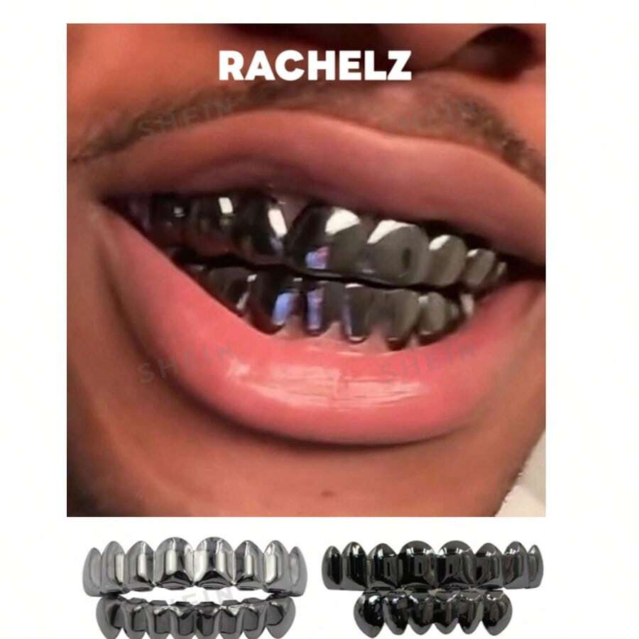 RACHELZ Top And Bottom Teeth Grillz 8/8 Smooth Black 8/6 Hip Hop Smooth Braces Unisex Jewelry Teeth Ornament Daily Gift - Black - View 1