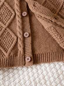 Baby Boy Preppy Solid Color Argyle Knit Cardigan Sweater, Suitable For School Daily Wear In Spring, Autumn And Winter - Brown - View 8