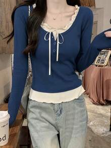 Sweet Bow Long Sleeve Ruffle Women's Blouse, Spring/Summer Style, Valentine's Day, Winter Top - Blue - View 2