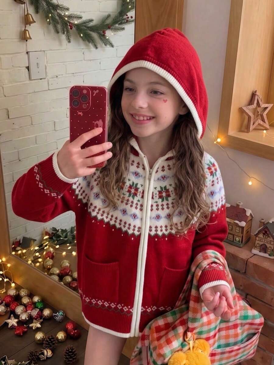 Girls' Preppy Floral Pattern Knit Cardigan With Pockets And Hood, Long Sleeve, Suitable For Daily Wear, School, Spring, Autumn, Winter - Red - View 1